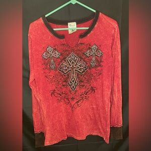 VOCAL Womens CRYSTAL RUST MINERAL DYED CROSS V NECK SHIRT Size XL Y2K Bling